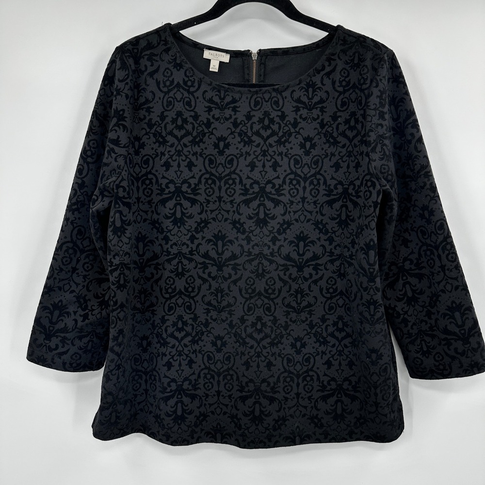 Talbots Black Flocked Velvet Damask Knit Top Blouse Size Medium Victorian Gothic